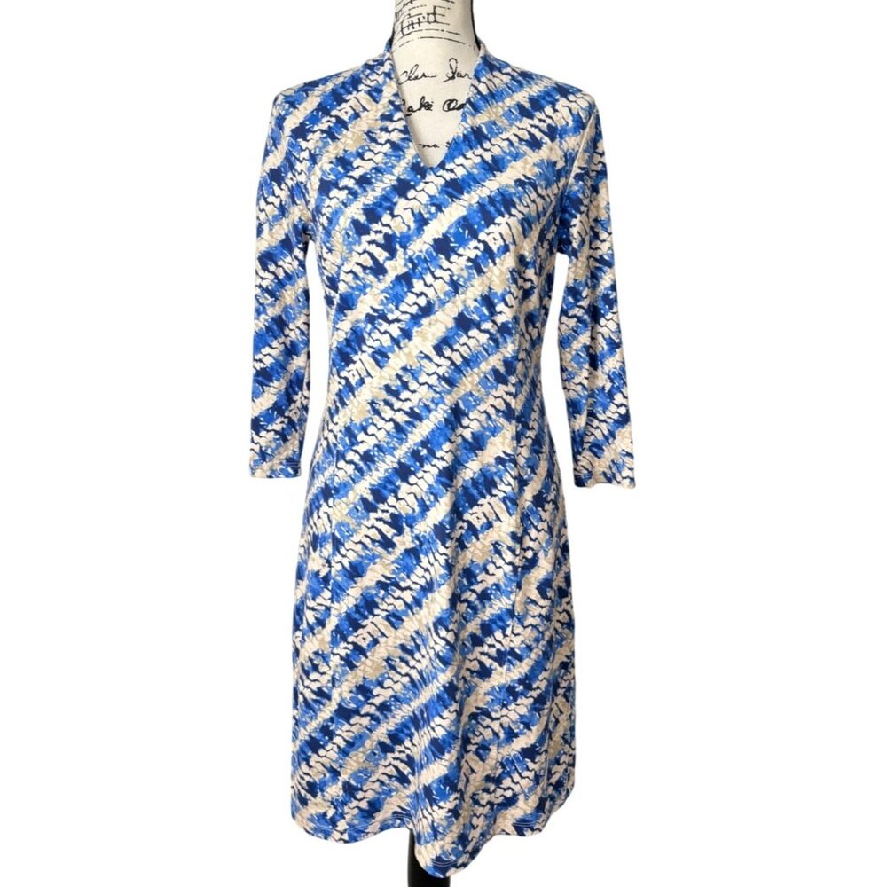 J. Mclaughlin Catalina Cloth Dress 3/4 Sleeve Blue Cream Abstract Print Size S